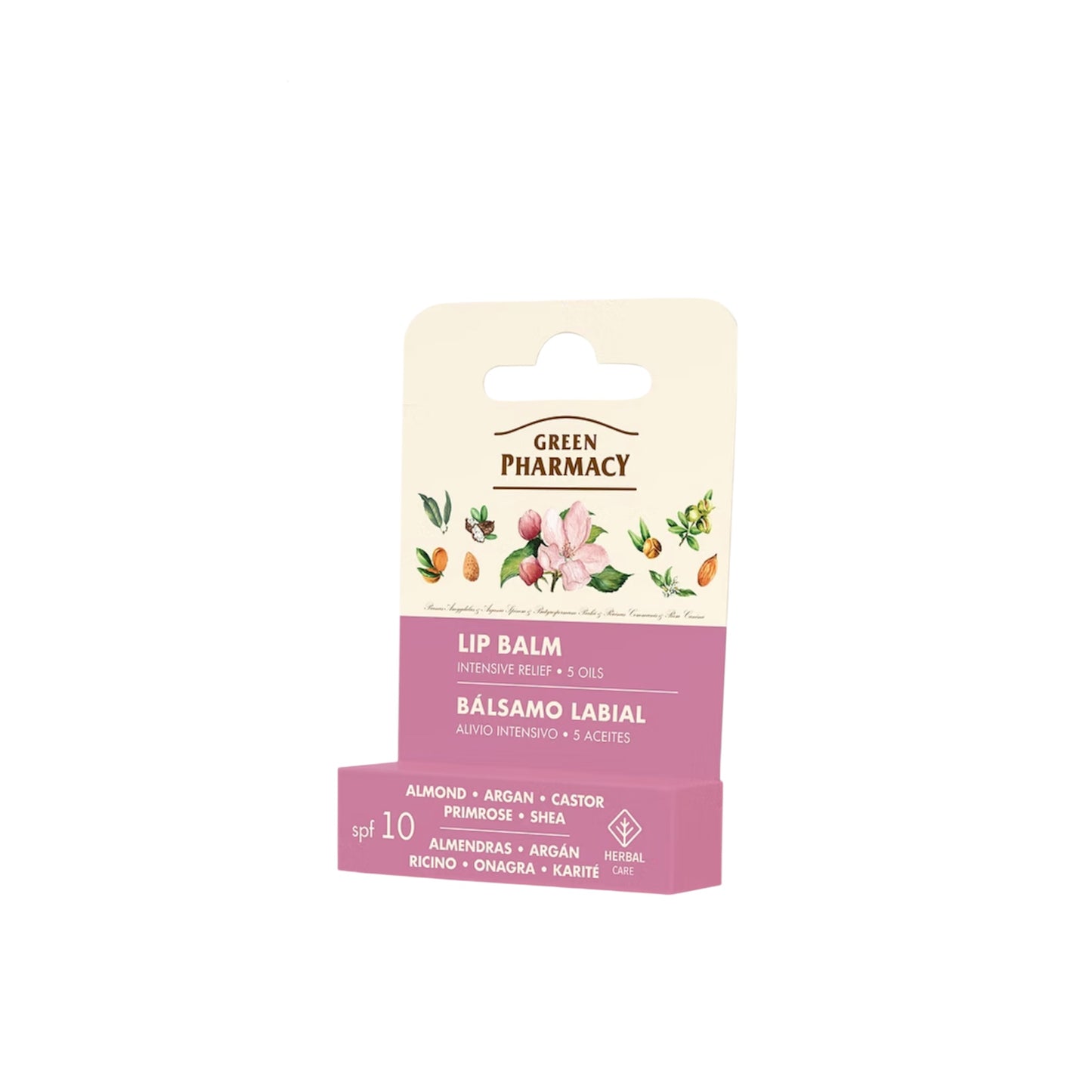 Bálsamo labial Green Pharmacy almendra y argán con acción nutritiva y SPF 10.