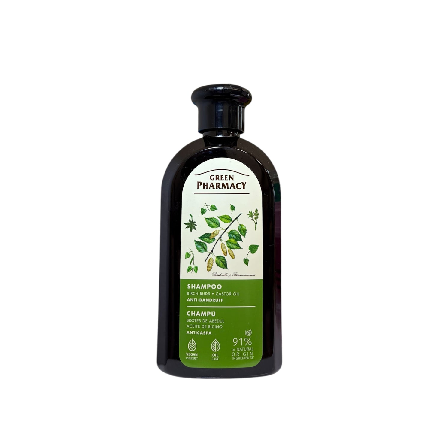 Champú Green Pharmacy anticaspa con abedul y aceite de ricino en envase con dosificador