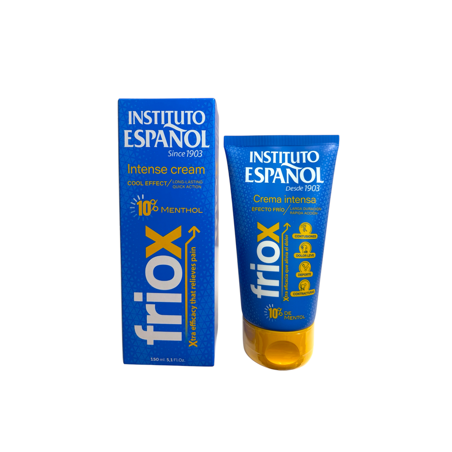 Crema Intensa Friox Instituto Español efecto frío con 10% de mentol de 150 ml para aliviar la fatiga y el malestar muscular.