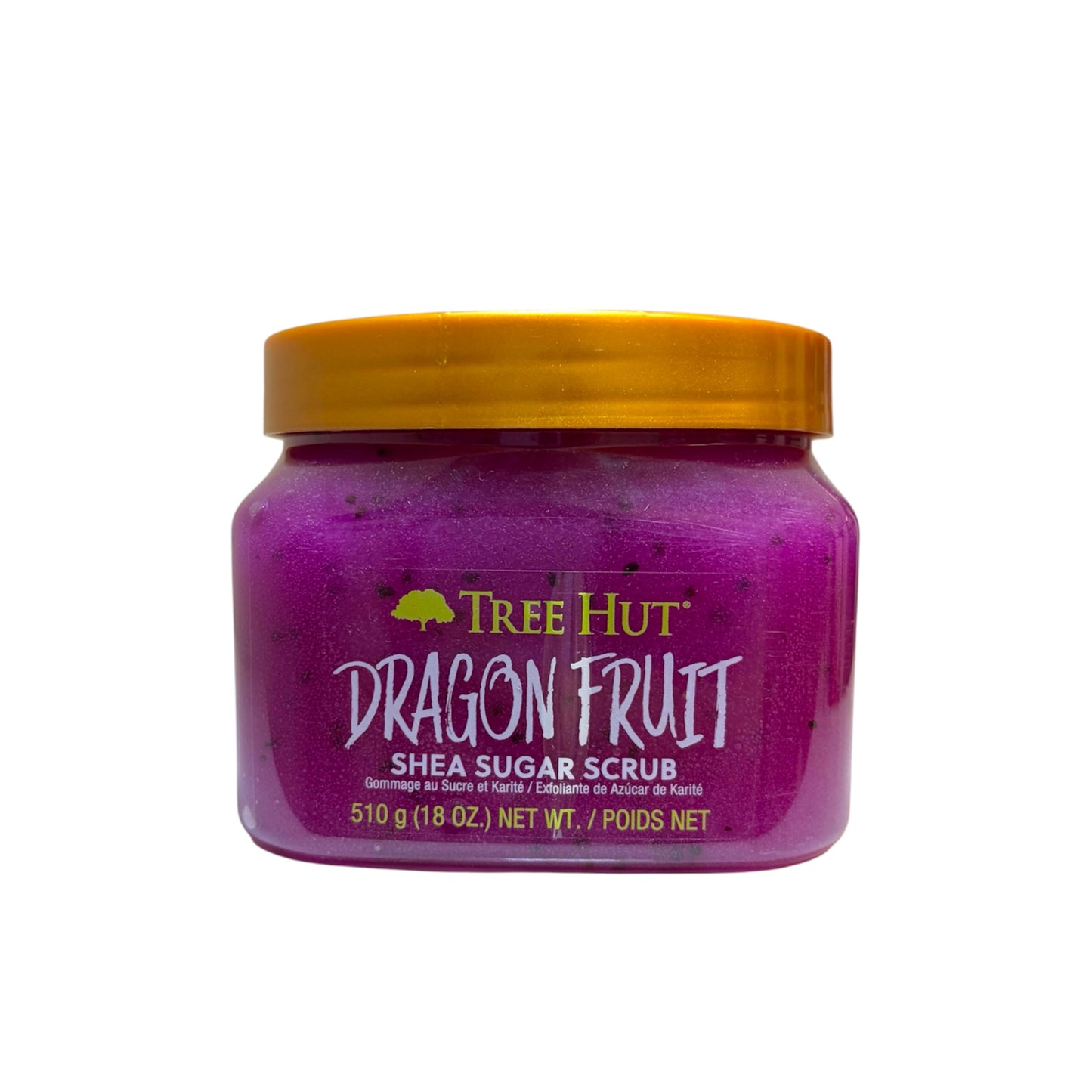 Exfoliante corporal Tree Hut Dragon Fruit de azúcar con manteca de karité en envase rosa con semillas negras de 510 g