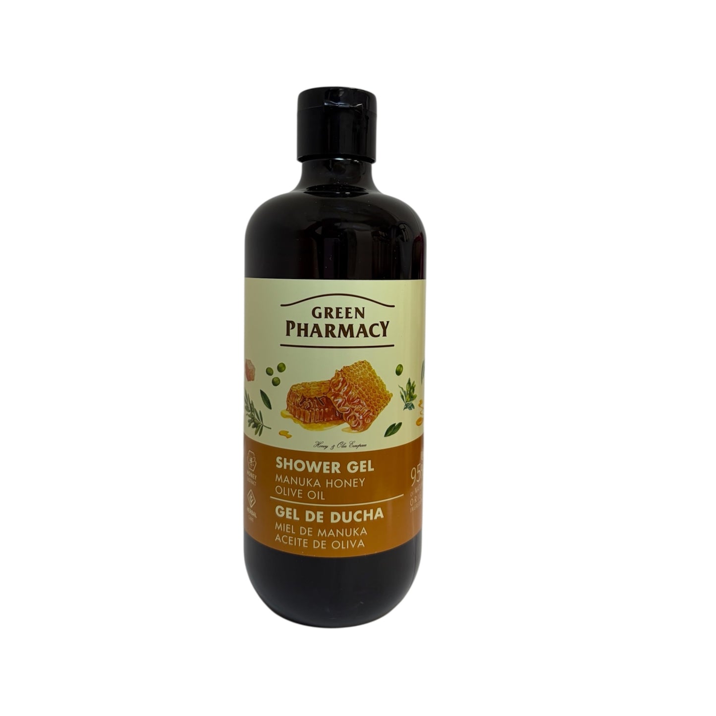 Gel de ducha Green Pharmacy con miel de Manuka y aceite de oliva 500 ml, hidratante y nutritivo para la piel.