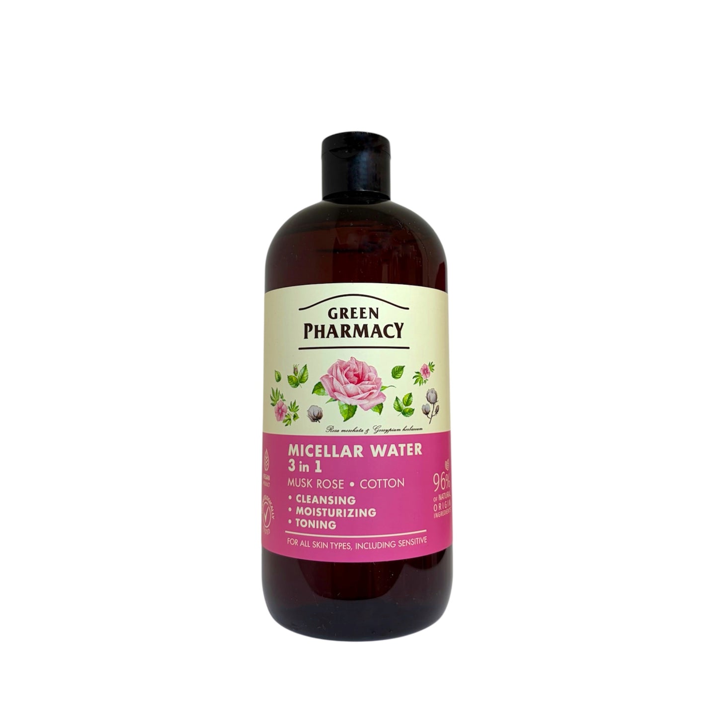 Green Pharmacy agua micelar 3 en 1 con rosa mosqueta y algodón para limpieza facial