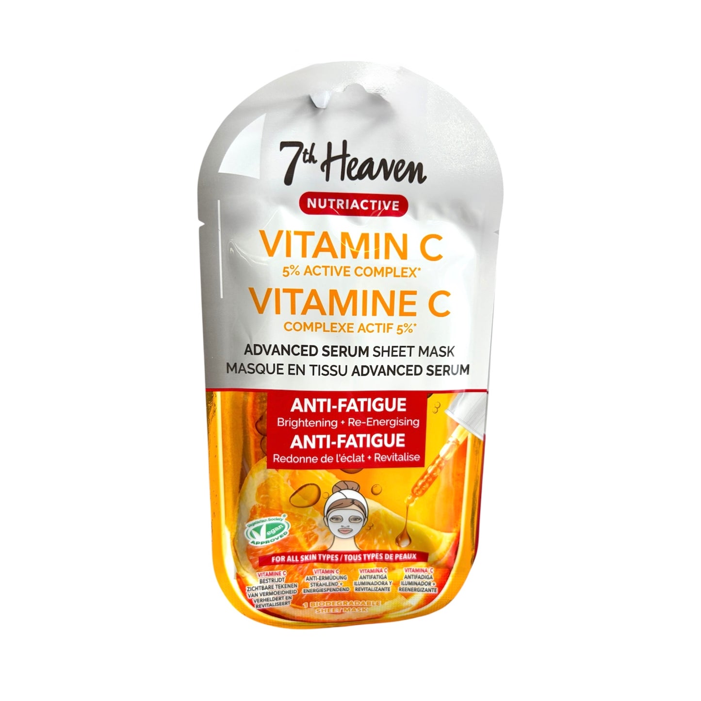 Mascarilla facial con vitamina C en tejido para iluminar, revitalizar y combatir los signos de fatiga