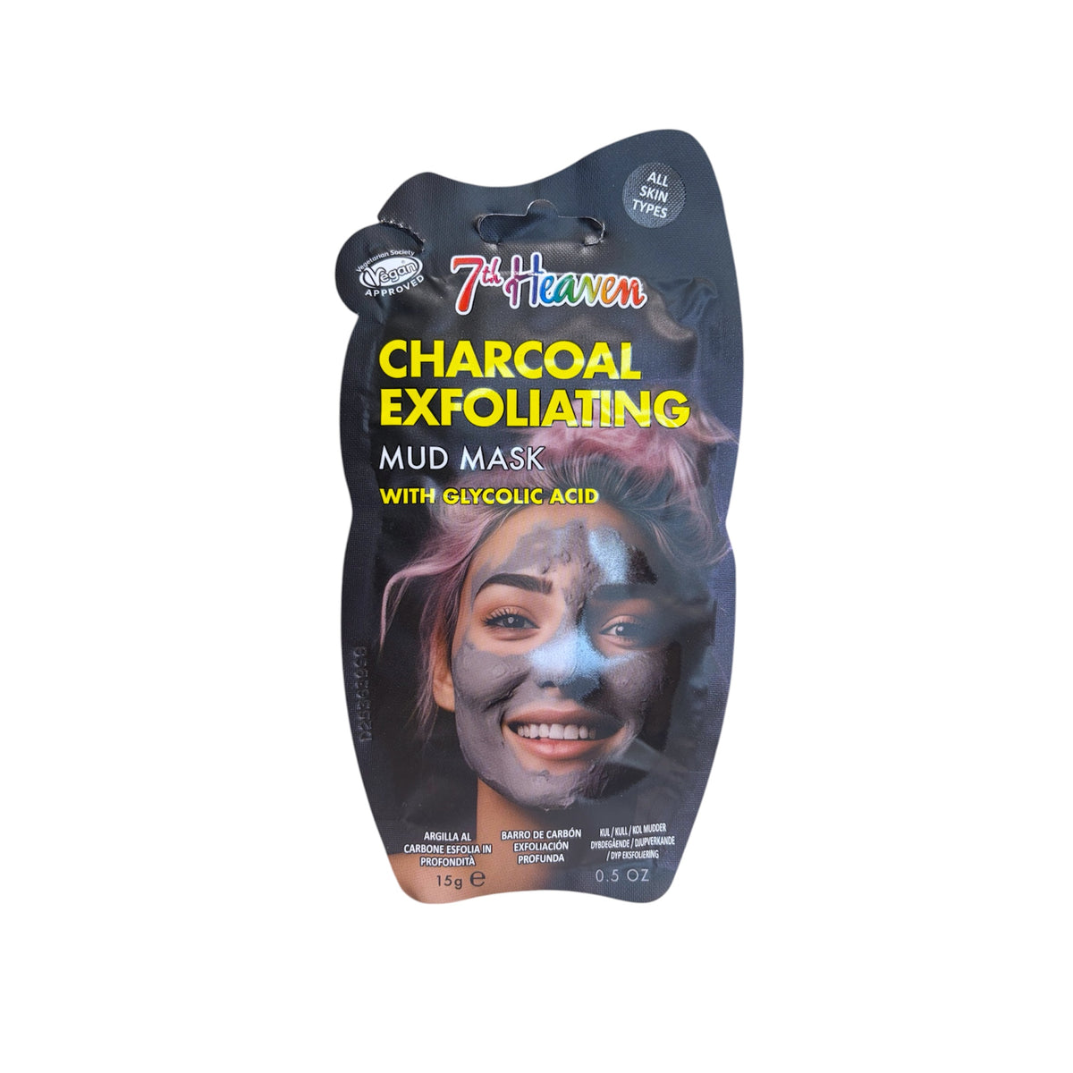 Mascarilla facial exfoliante de carbón y ácido glicólico 7th Heaven, sobre negro de 15 g para todo tipo de pieles.
