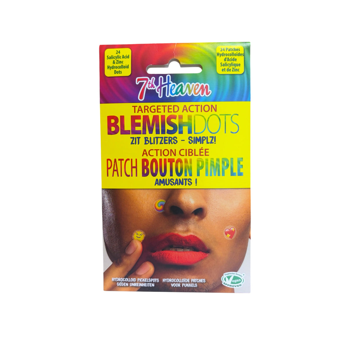 Parches para granos 7th Heaven Blemish Dots con ácido salicílico, zinc e hidrocoloide, envase de 24 parches decorativos con emojis.