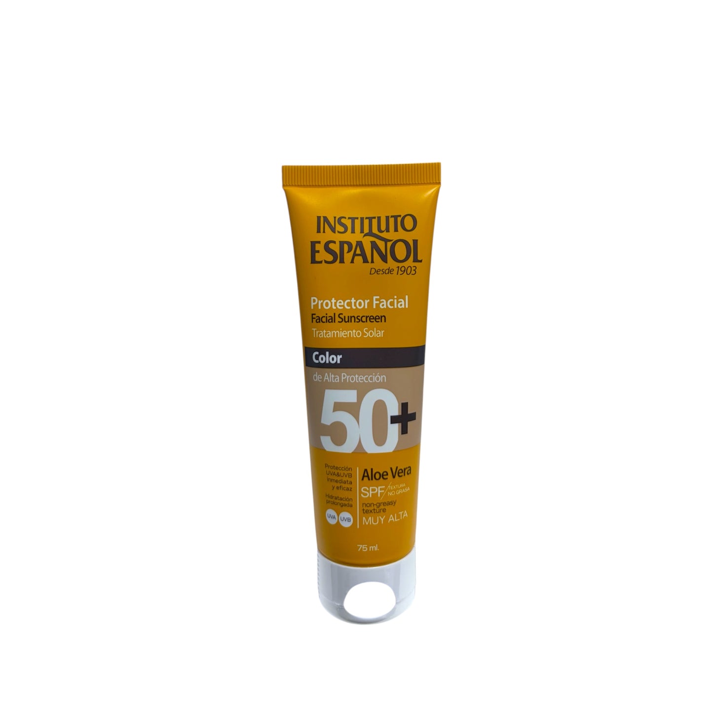 Protector Facial Color Instituto Español SPF 50+ con Aloe Vera de 75 ml para proteger la piel y unificar el tono del rostro.
