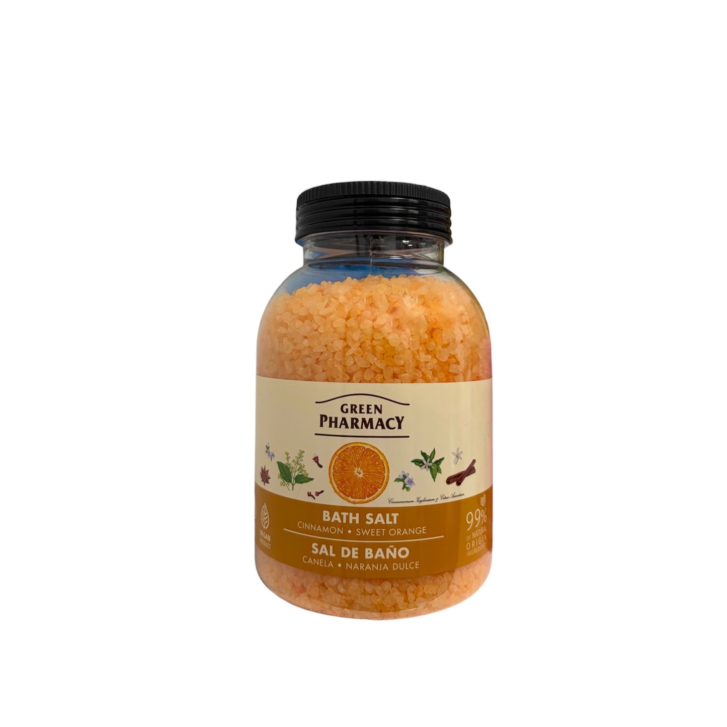 Sal de baño Green Pharmacy con canela y naranja dulce en envase transparente con tapa negra