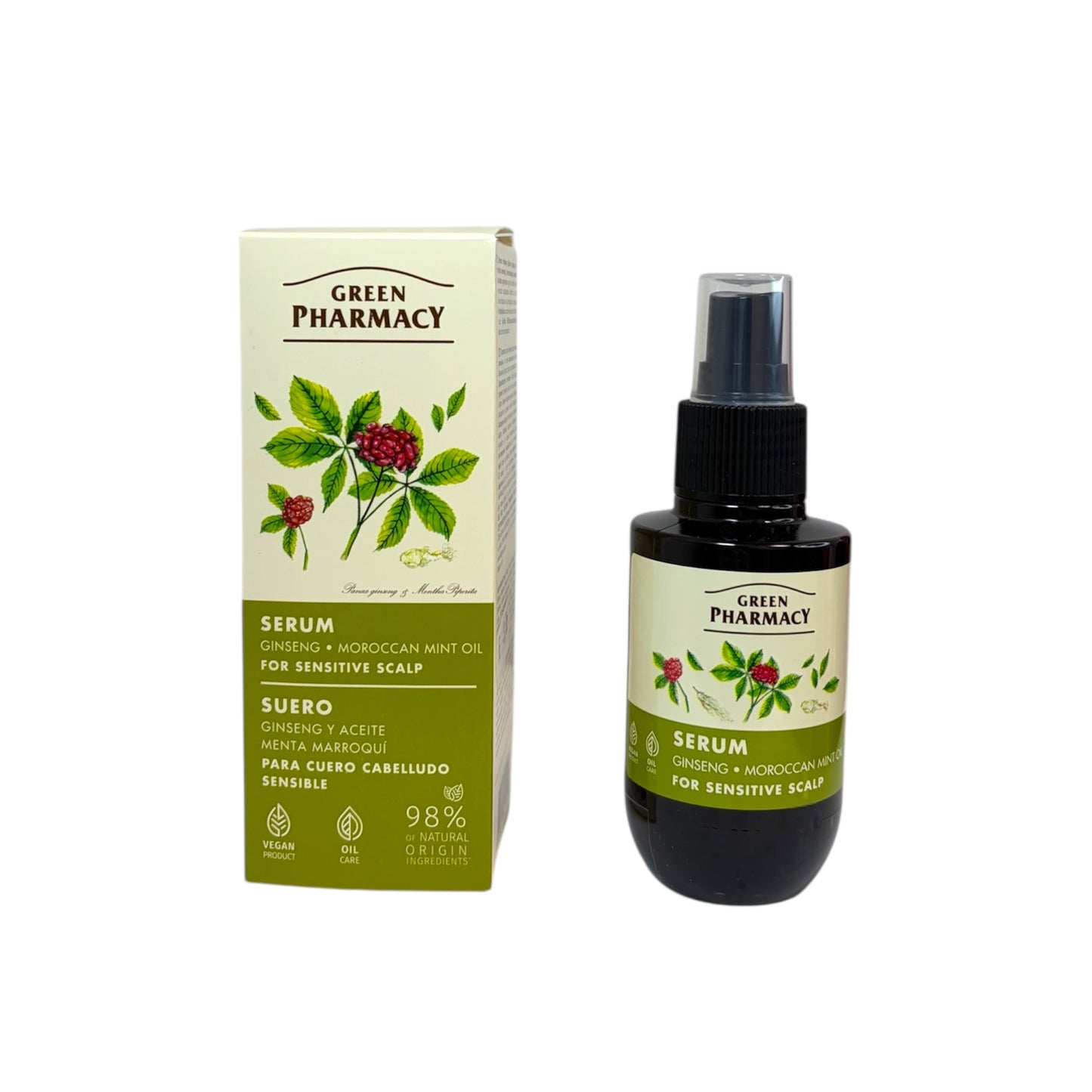 Green Pharmacy serum capilar ginseng menta cuero cabelludo sensible spray
