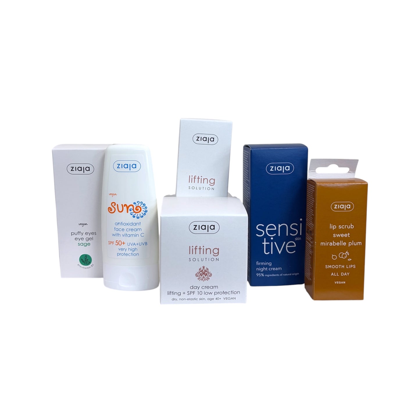 Productos del Set regalo skincare Ziaja con cremas faciales, contorno de ojos, exfoliante labial y neceser DUNA