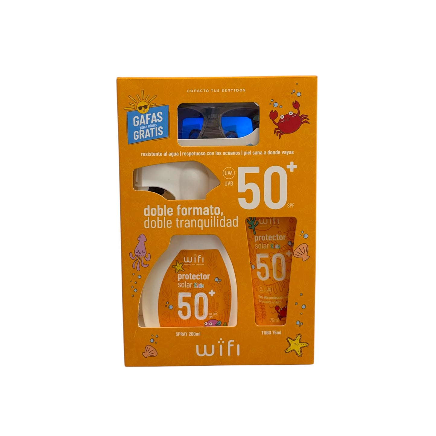 Pack WiFi Protector Solar Kids SPF 50+ con spray, tubo de viaje y gafas de sol infantiles