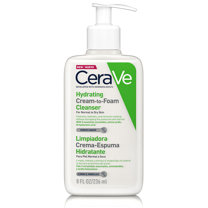 CeraVe limpiadora crema espuma hidratante con ceramidas y ácido hialurónico para piel normal a seca que elimina maquillaje.
