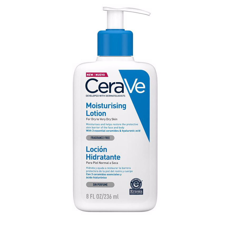 CeraVe loción hidratante facial y corporal con ceramidas y ácido hialurónico para piel normal a seca sin perfume.