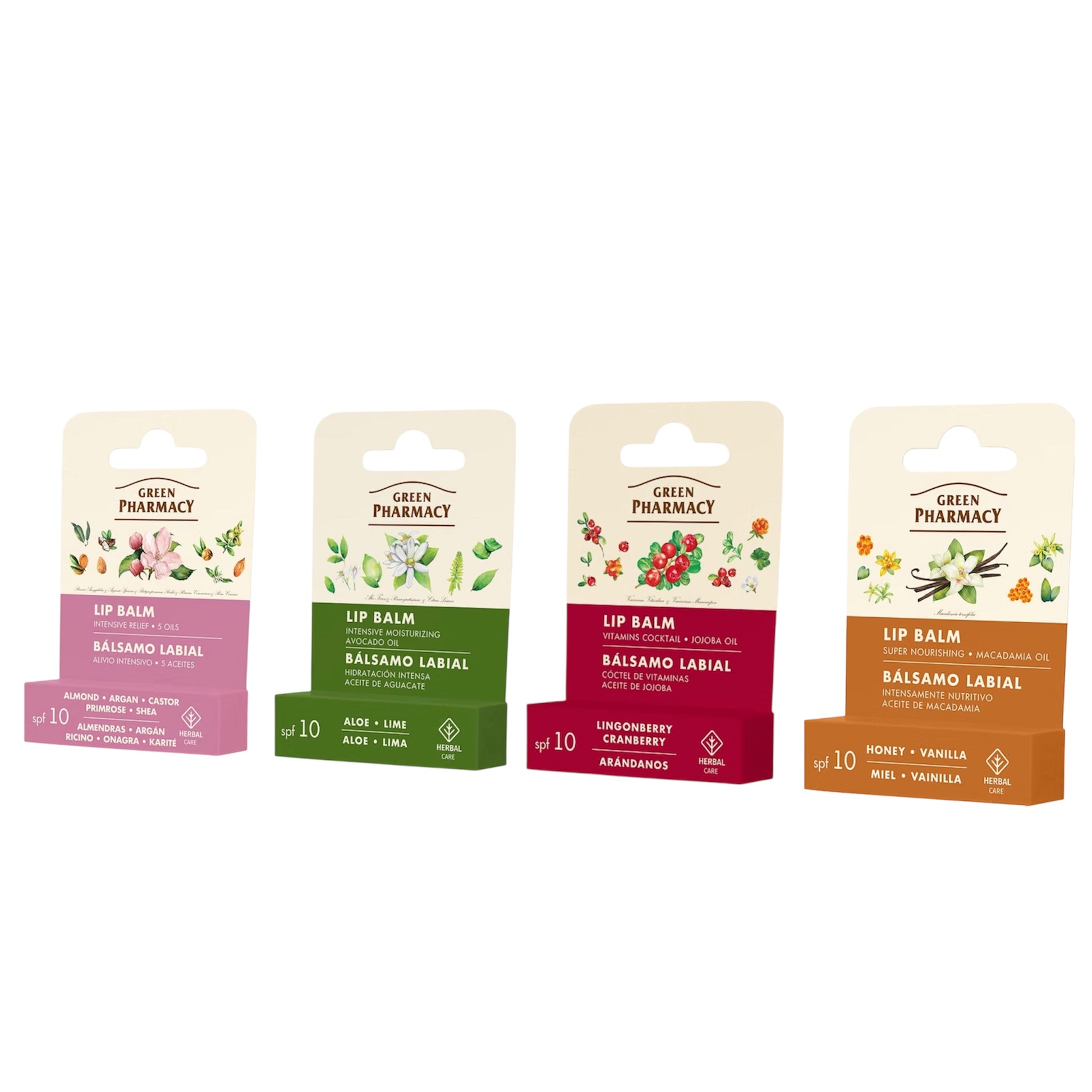 Colección de bálsamos labiales Green Pharmacy con cuatro variedades hidratantes y nutritivas.