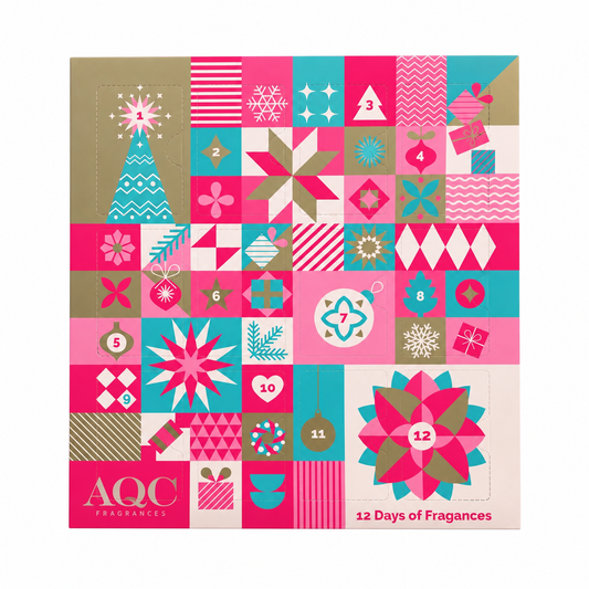Calendario de Adviento AQC Fragrances de 12 días con mini perfumes y caja navideña de colores rosa, turquesa y dorado.