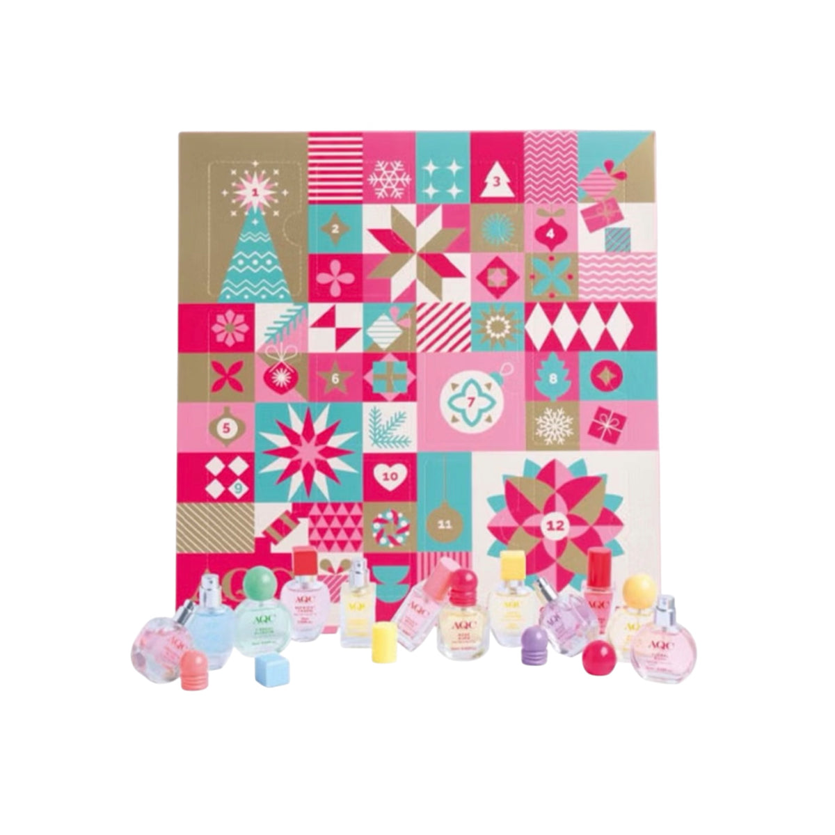 Calendario de Adviento AQC Fragrances con 12 compartimentos numerados y diseño navideño multicolor.