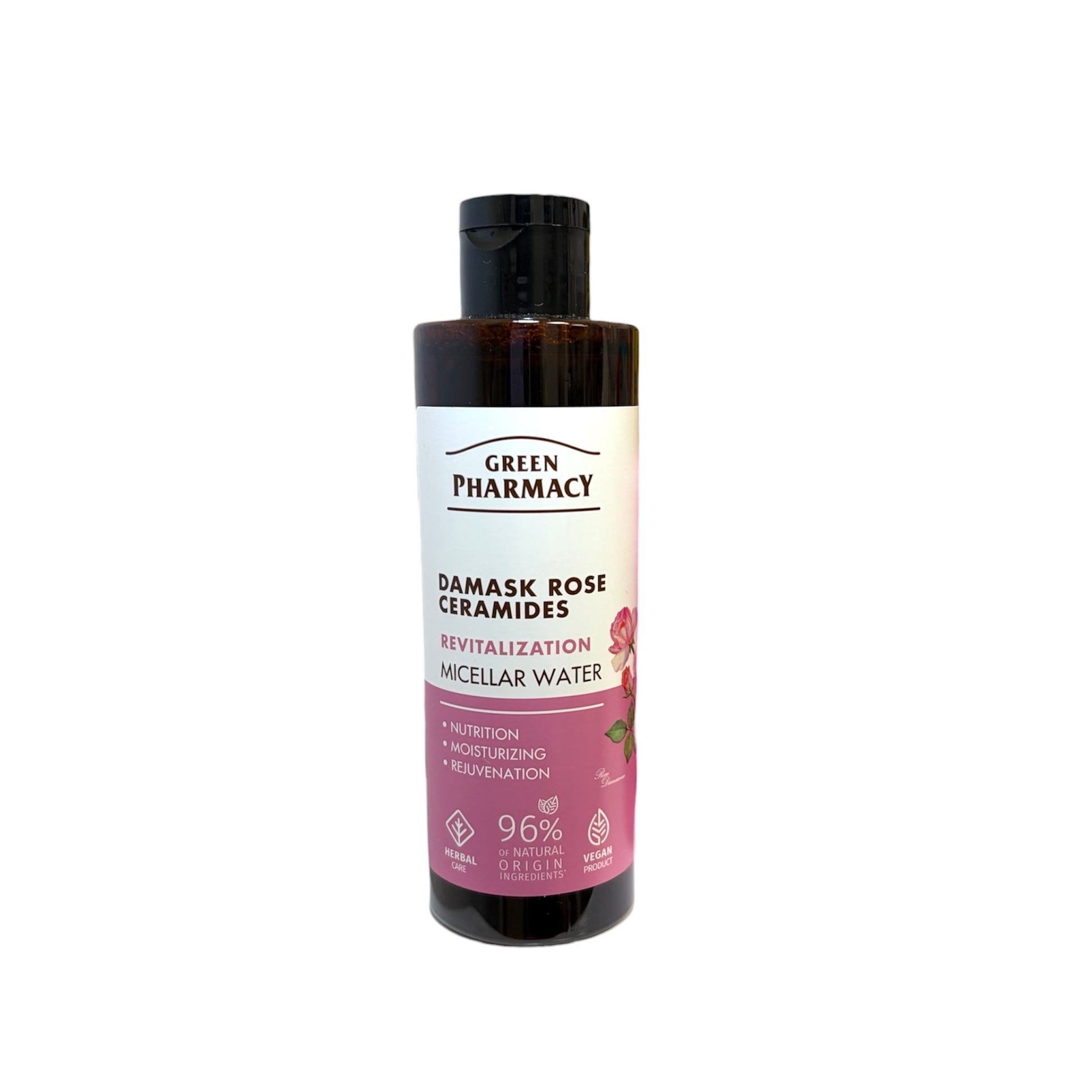 Agua micelar Green Pharmacy con rosas de Damasco y ceramidas para limpieza facial en envase marrón