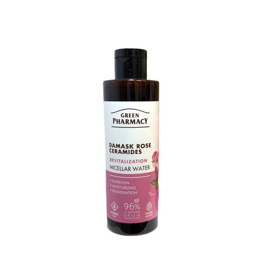 Agua micelar Green Pharmacy con rosas de Damasco y ceramidas para limpieza facial en envase marrón