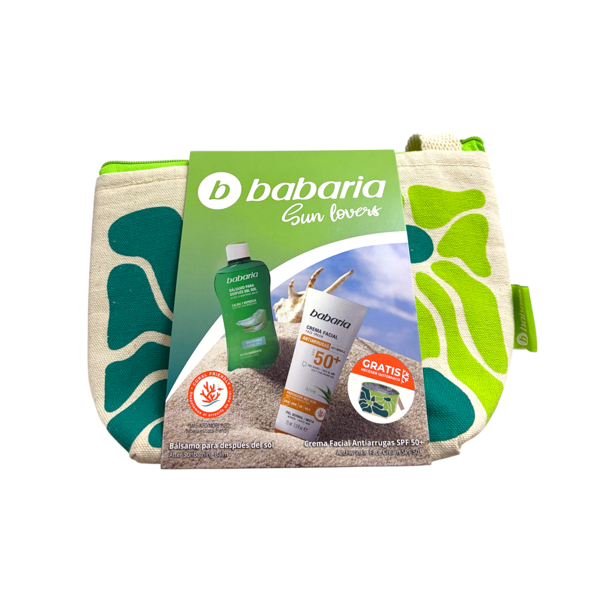Babaria Sun Lovers Pack con crema facial antiarrugas SPF 50+, bálsamo After Sun y neceser isotérmico reutilizable.