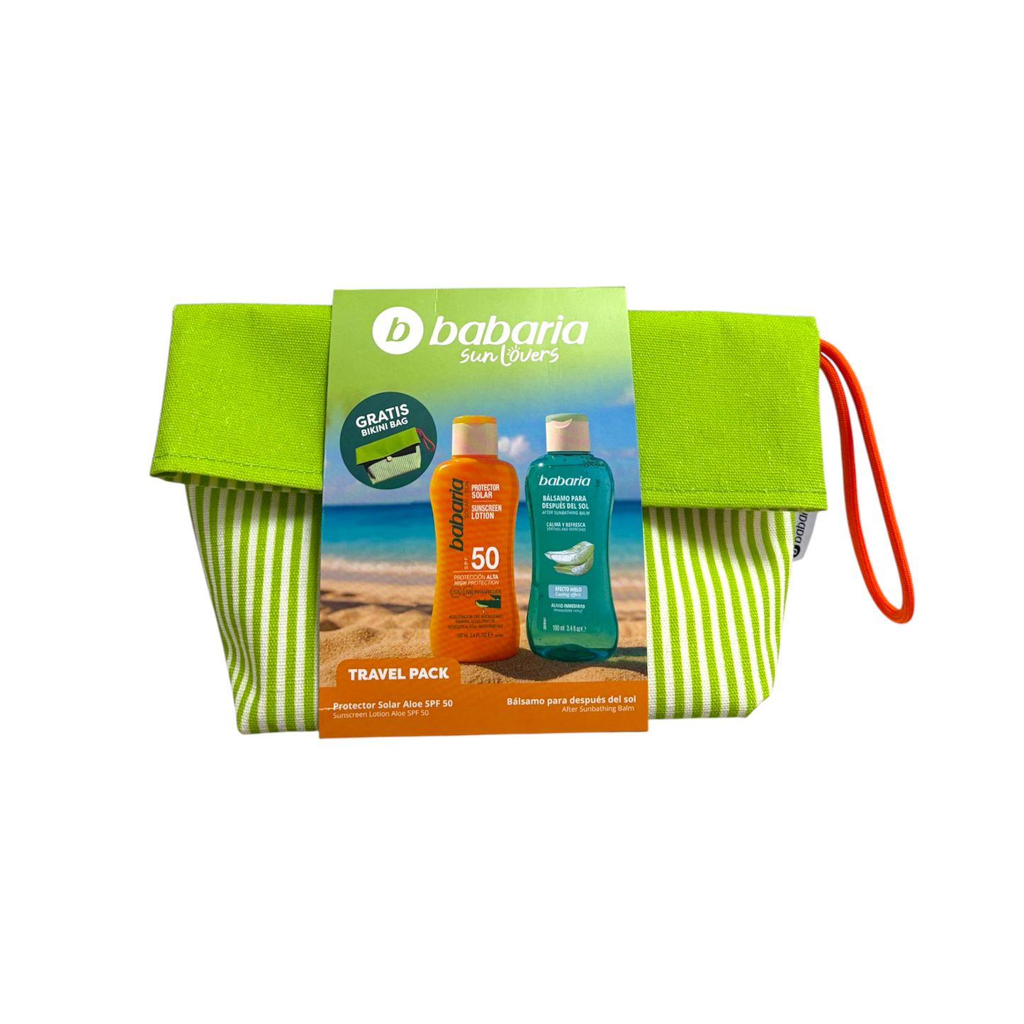 Babaria Sun Lovers Travel Pack con protector solar SPF 50, bálsamo After Sun y neceser reutilizable de color verde.