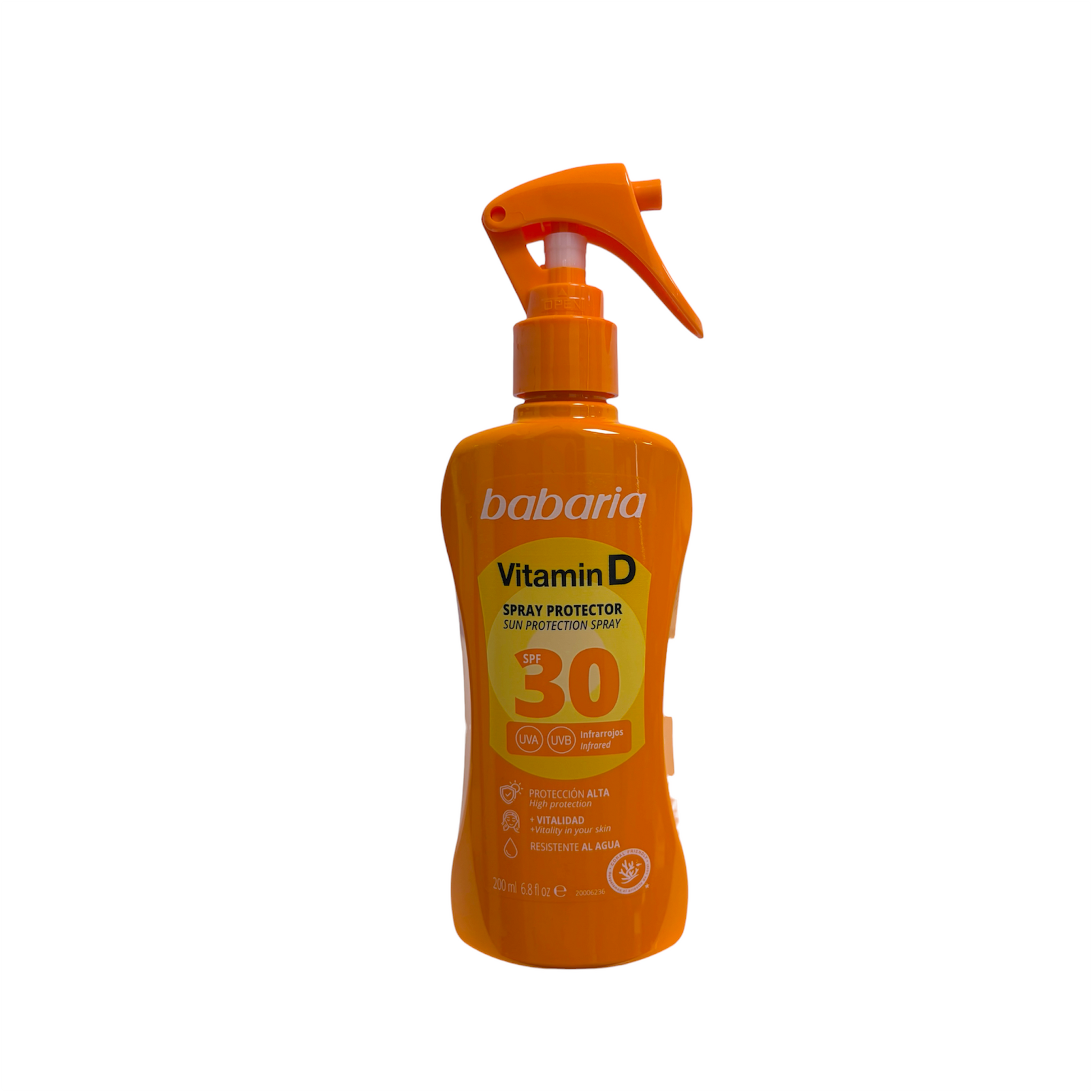 Babaria Vitamin D Spray Protector Solar SPF 30 de 200 ml resistente al agua con protección UVA, UVB e infrarrojos.