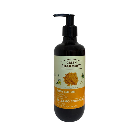 Bálsamo corporal Green Pharmacy con cúrcuma y aceite de calabaza, hidratante y nutritiva para piel suave y elástica.