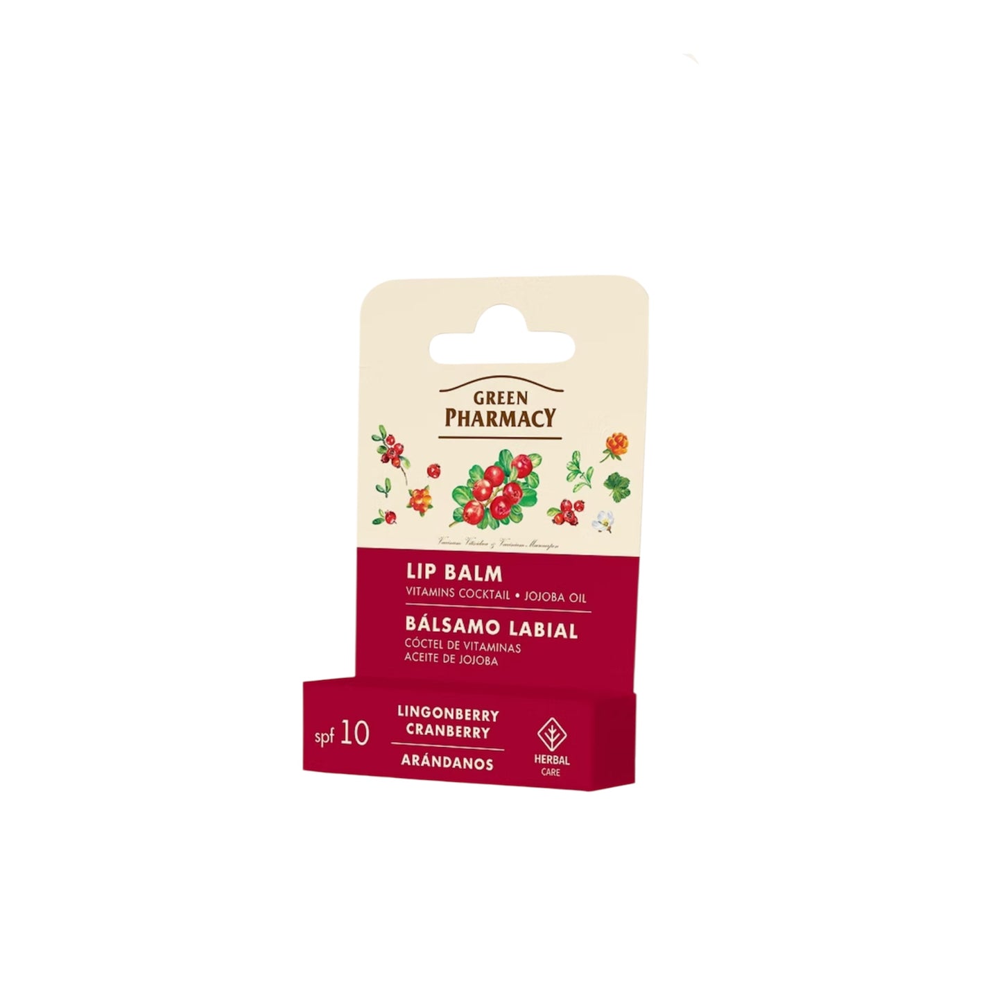 Bálsamo labial Green Pharmacy arándano rojo y jojoba con cuidado nutritivo y SPF 10.