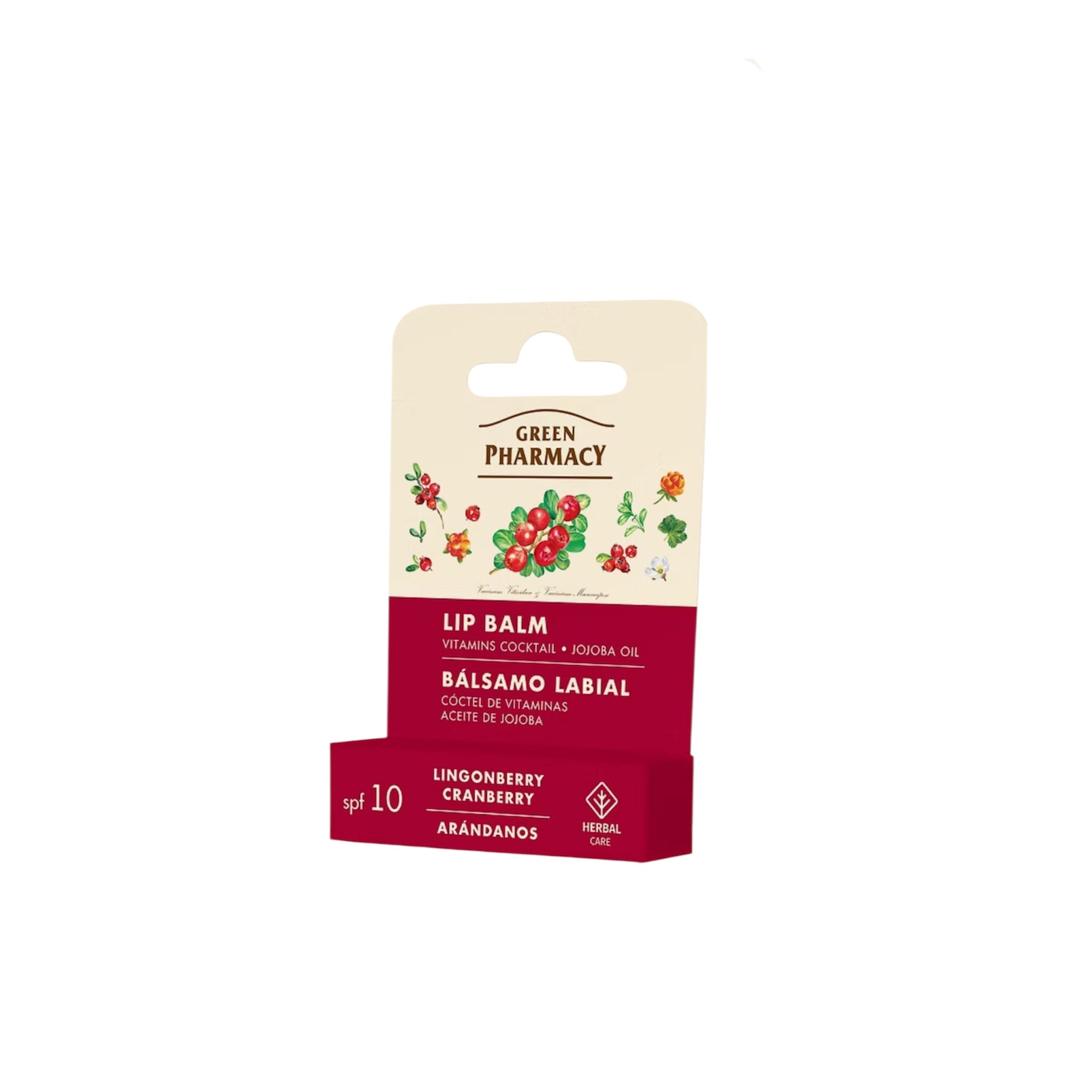 Bálsamo labial Green Pharmacy arándano rojo y jojoba con cuidado nutritivo y SPF 10.