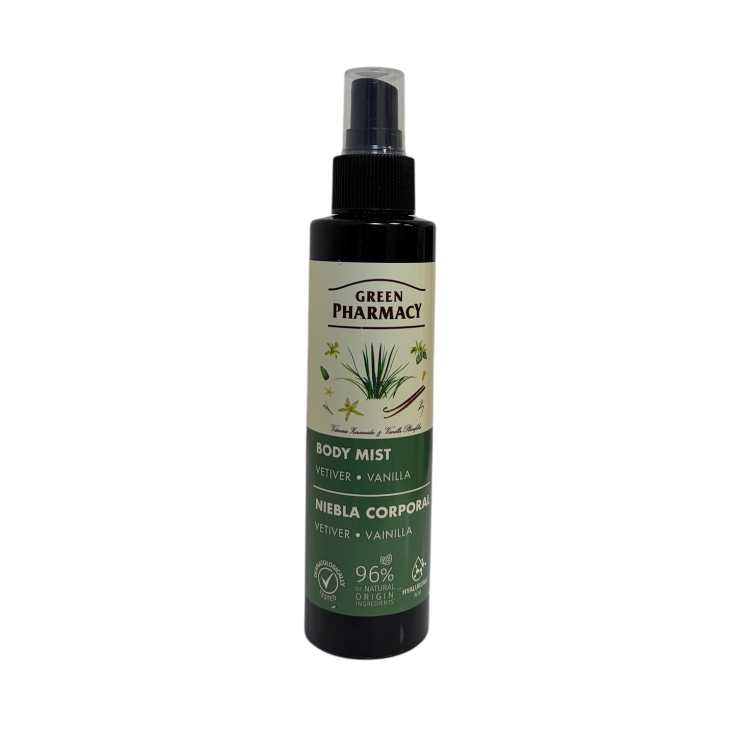 Green Pharmacy body mist vetiver y vainilla niebla corporal 96% natural botella spray