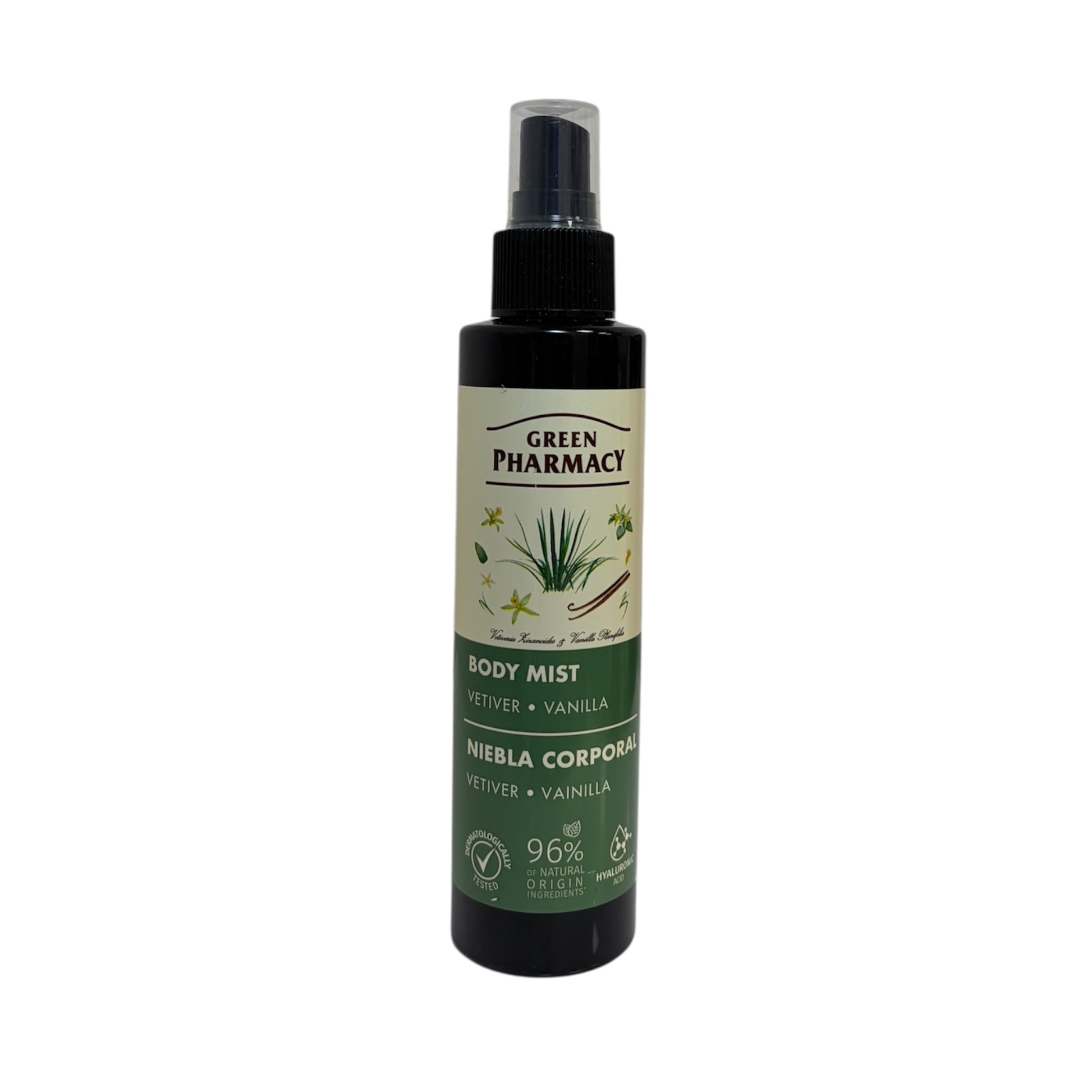 Green Pharmacy body mist vetiver y vainilla niebla corporal 96% natural botella spray