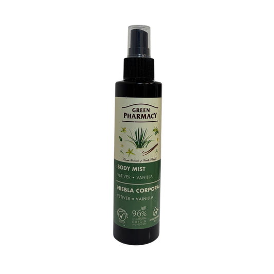 Green Pharmacy body mist vetiver y vainilla niebla corporal 96% natural botella spray
