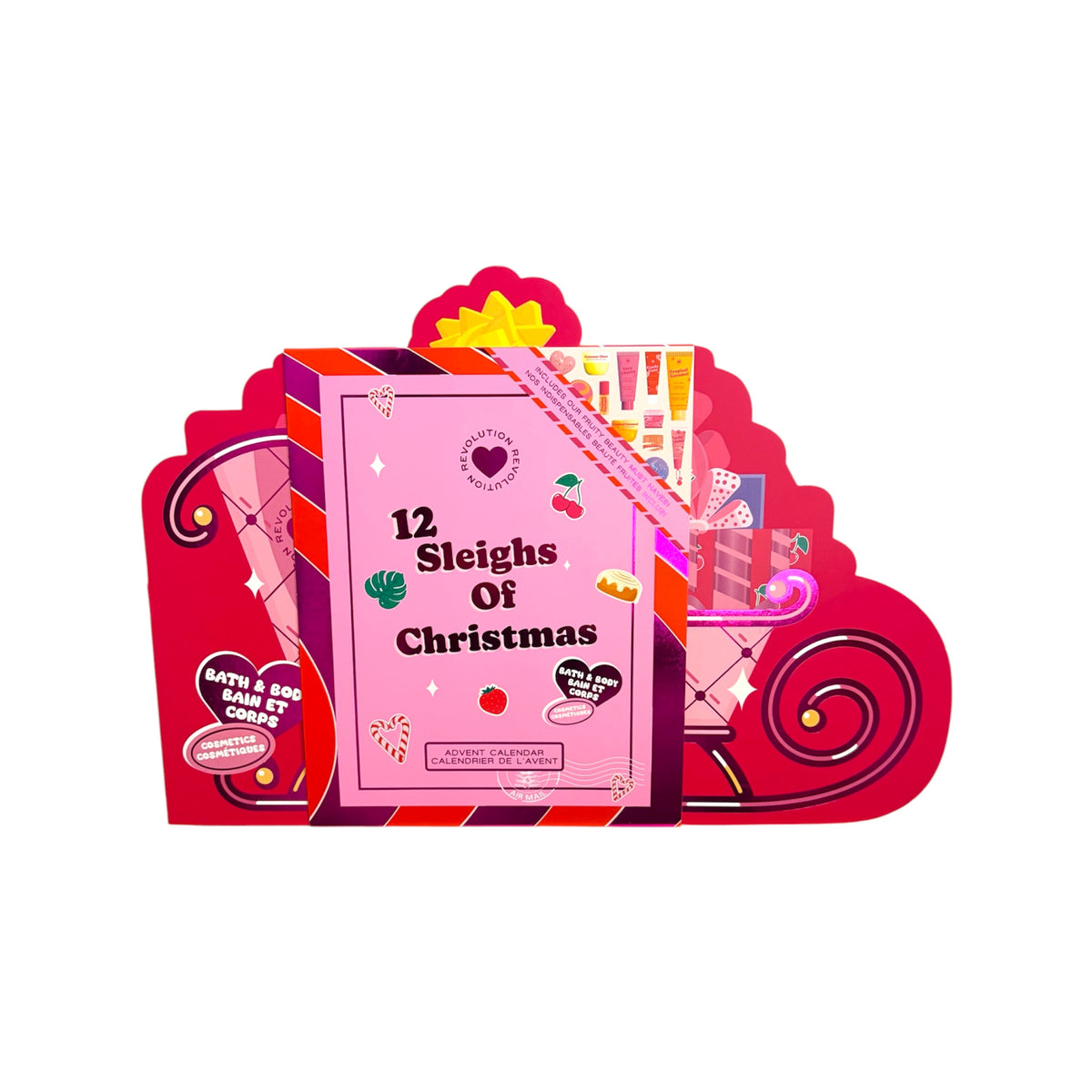 Calendario de Adviento I Heart Revolution 12 Sleighs of Christmas de 12 sorpresas de belleza y cuidado corporal, con diseño navideño rosa en forma de trineo.