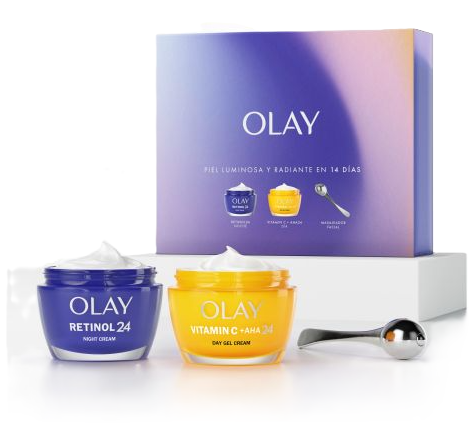 Olay crema retinol 24 noche + crema vitamin C AHA 24 día + masajeador facial caja lote