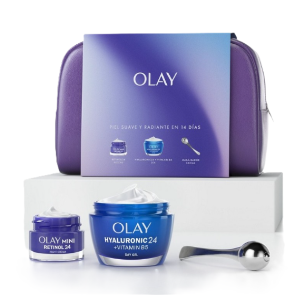 Olay neceser morado Retinol 24 noche mini + hyaluronic 24 + vitamin B5 día + masajeador facial