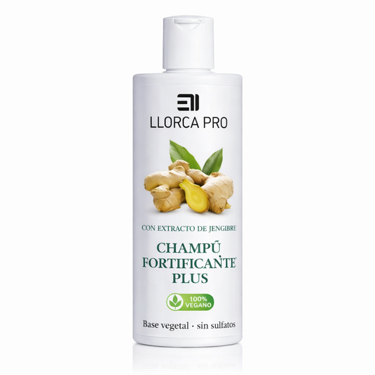 Champú Fortificante Plus de Elisabeth Llorca con extracto de jengibre, envase blanco, para fortalecer y cuidar el cabello