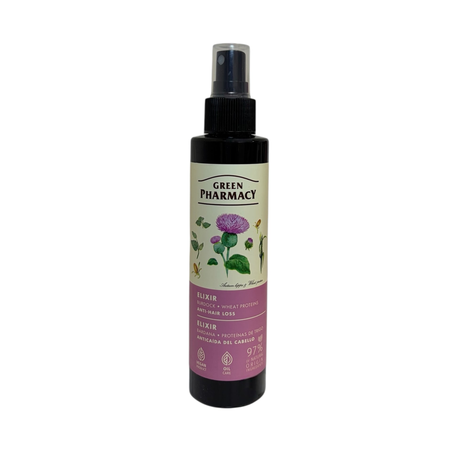 Green Pharmacy elixir anticaida bardana proteinas trigo spray capilar natural