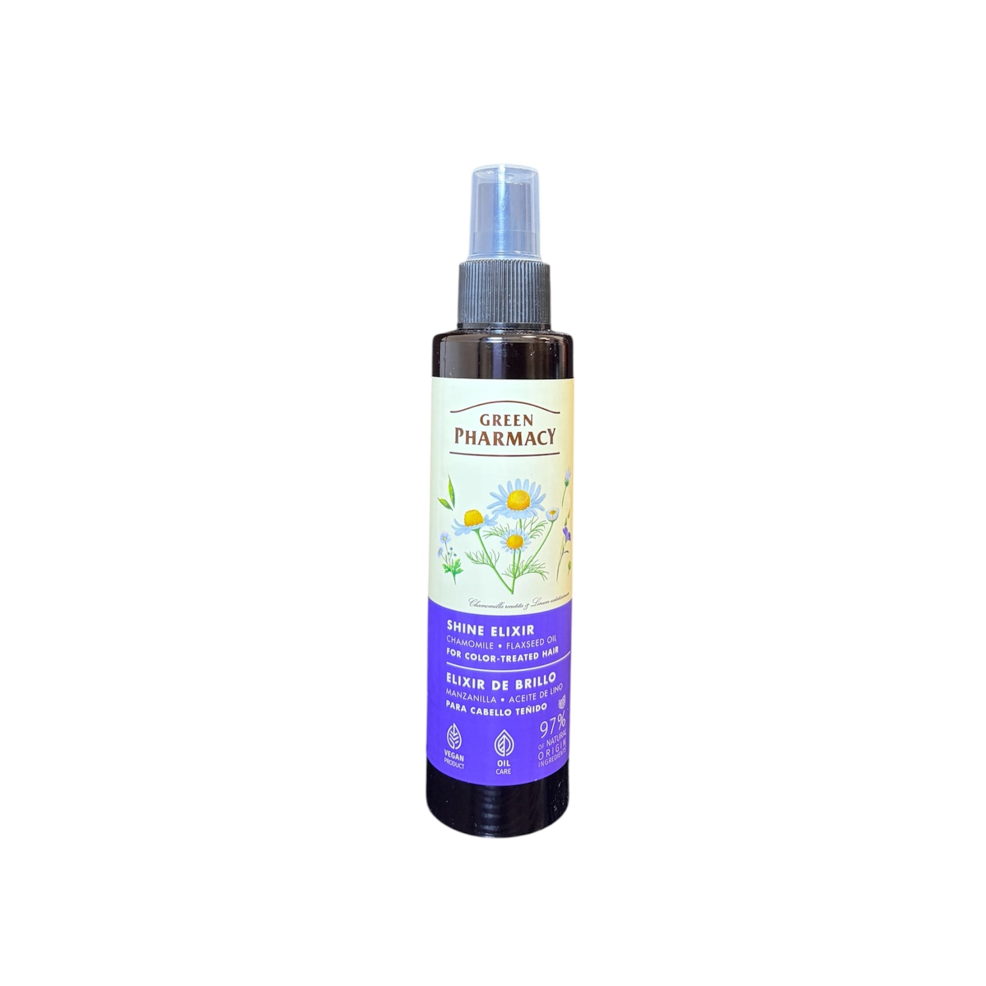 Elixir capilar Green Pharmacy con manzanilla y aceite de lino en spray para cabello teñido
