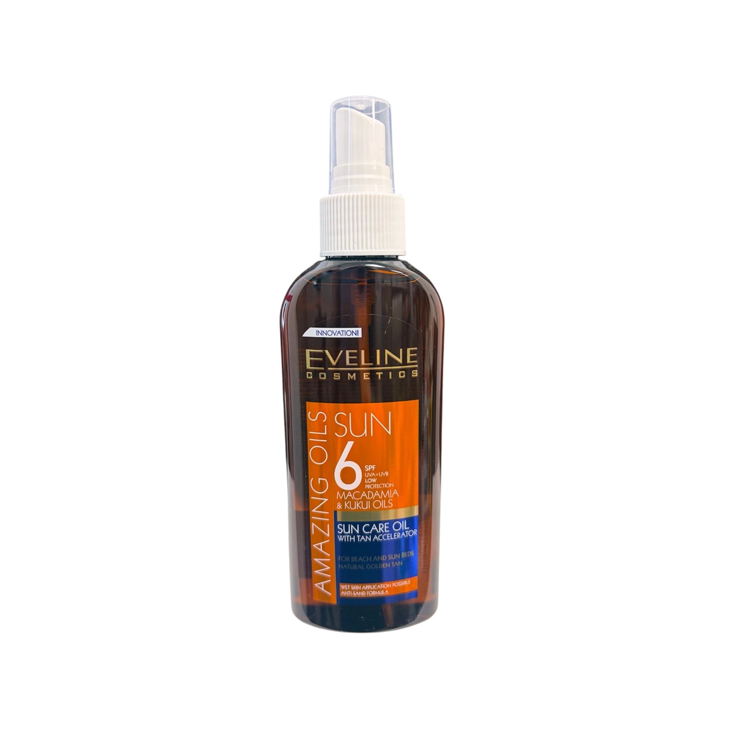 Eveline Cosmetics Amazing Oils Sun Care Oil SPF 6 / SPF 10 Aceite Solar con Aceites de Macadamia y Kukui 150 ml