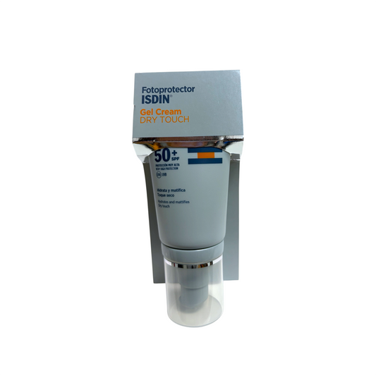 Fotoprotector ISDIN Gel Cream Dry Touch SPF 50+ de 50 ml con acabado mate y tacto seco para piel mixta y grasa.