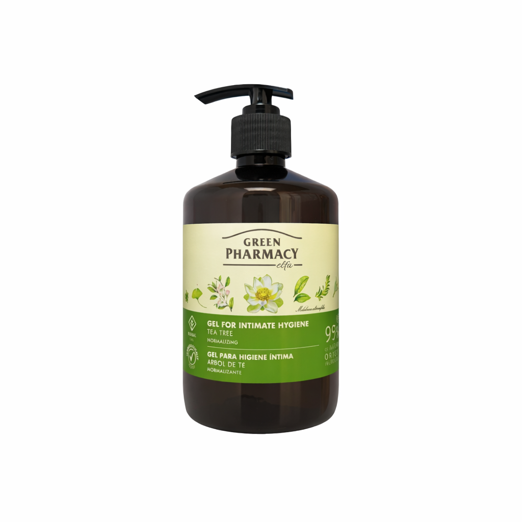 Gel de higiene íntima Green Pharmacy con árbol de té en envase con dosificador