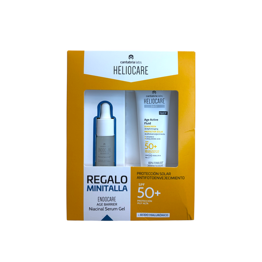 Pack Heliocare 360º Age Active Fluid SPF 50+ con protector solar facial antiedad y minitalla de Endocare Age Barrier Niacinal Serum Gel.