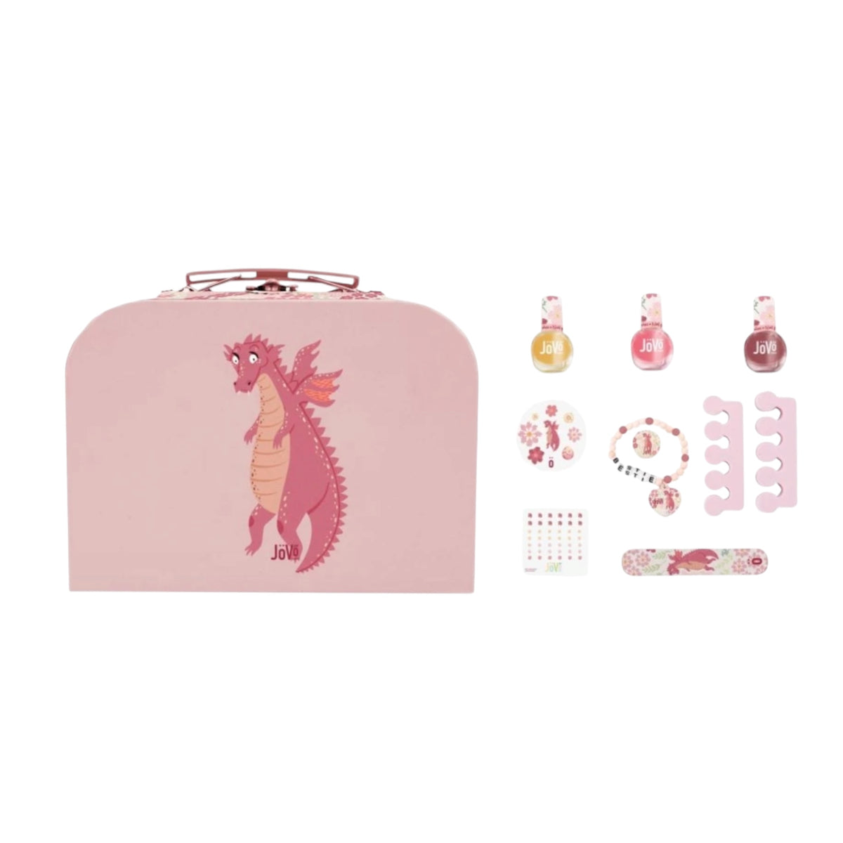 Set de manicura infantil JöVö Junior con maletín rosa, asa y diseño de dragón y sus productos 