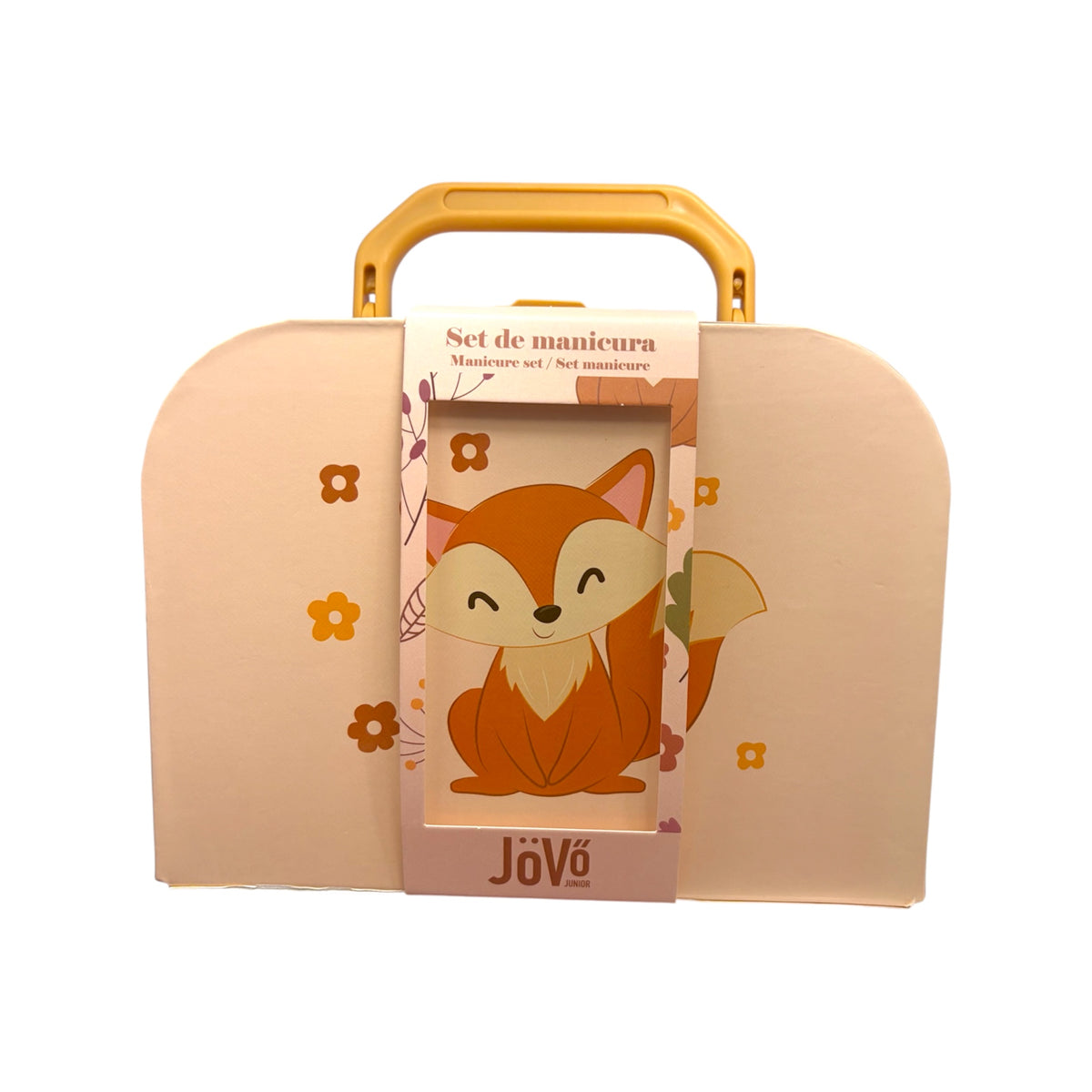 Set de manicura infantil JöVö Junior con maletín beige, asa naranja y dibujo de zorro.