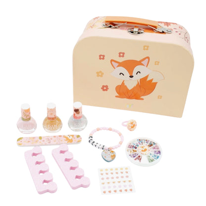 Set de manicura infantil JöVö Junior con maletín beige, asa naranja y dibujo de zorro. productos
