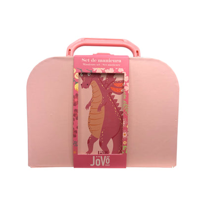 Set de manicura infantil JöVö Junior con maletín rosa, asa y diseño de dragón.