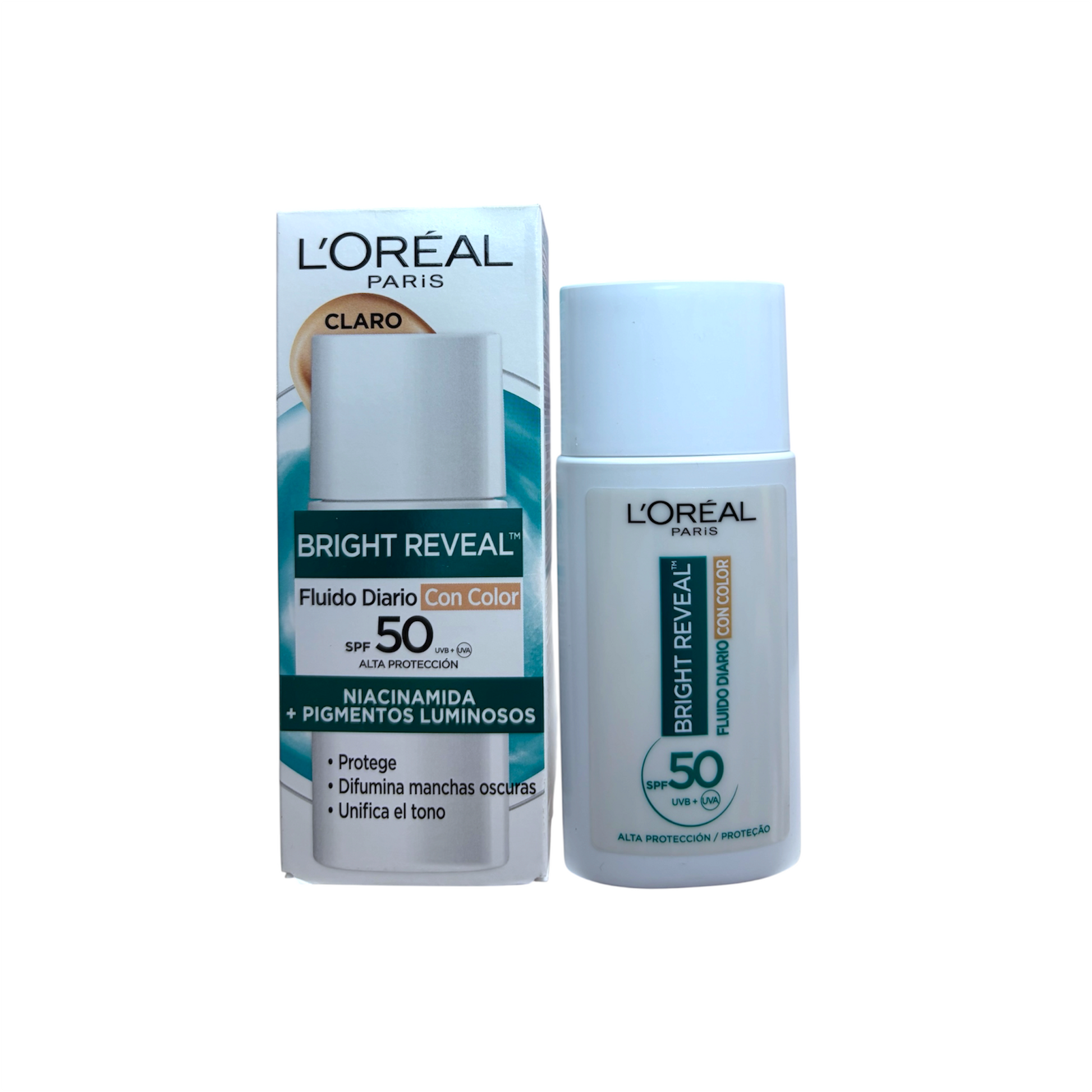 L'Oréal Paris Bright Reveal Fluido Diario con Color SPF 50 tono Claro, protector solar facial con niacinamida y pigmentos luminosos de 50 ml.