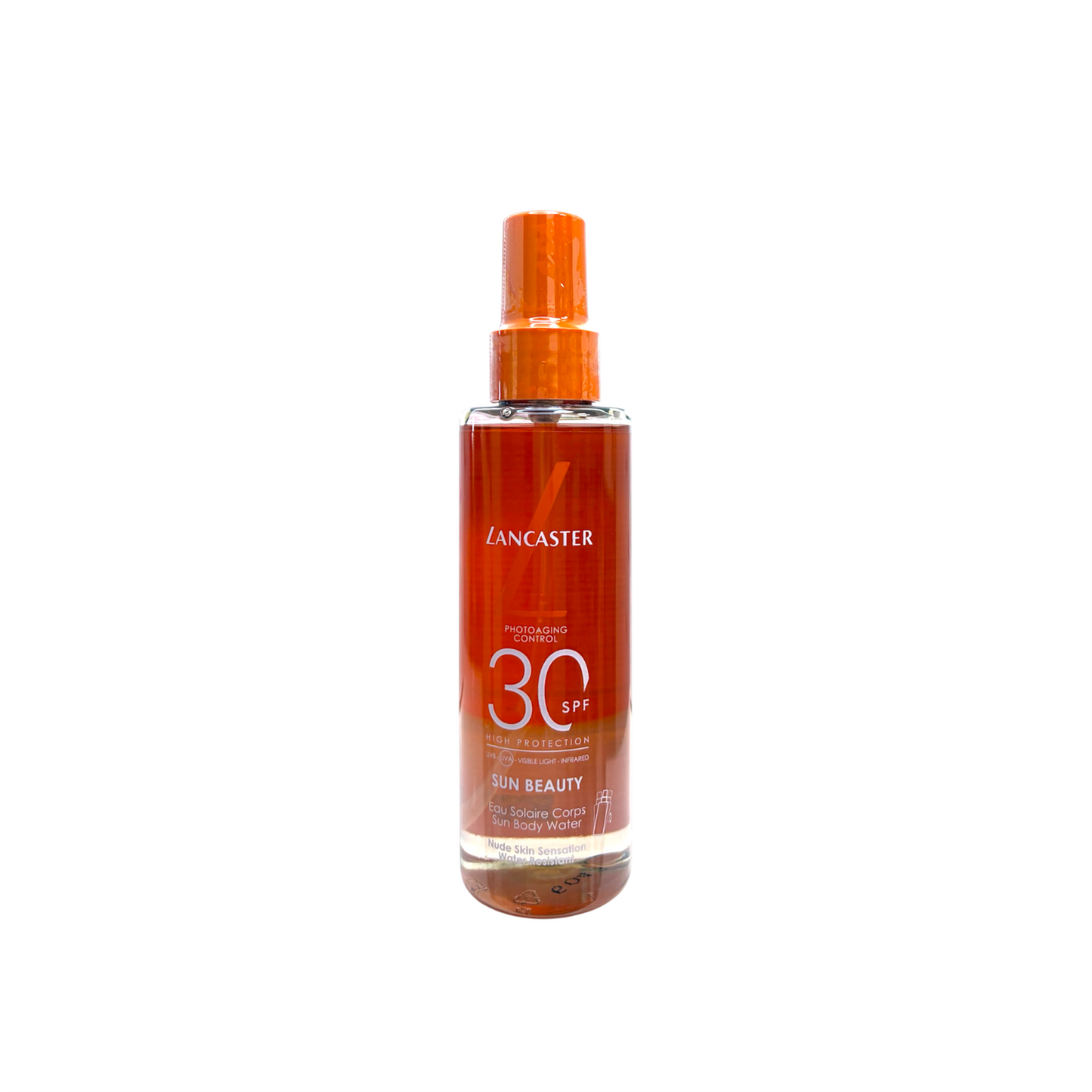 Lancaster Sun Beauty Sun Body Water SPF 30 en spray de 150 ml, protector solar corporal de textura acuosa con protección alta y acabado invisible.