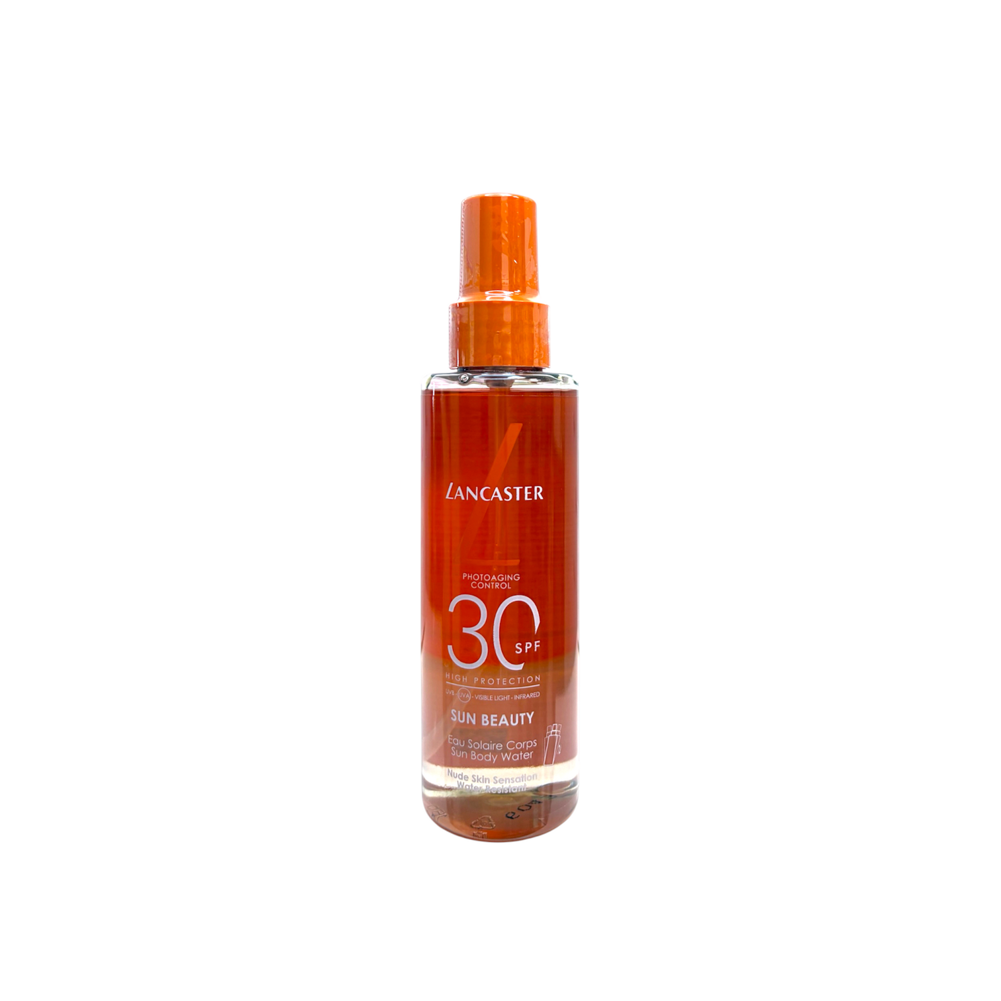 Lancaster Sun Beauty Sun Body Water SPF 30 en spray de 150 ml, protector solar corporal de textura acuosa con protección alta y acabado invisible.
