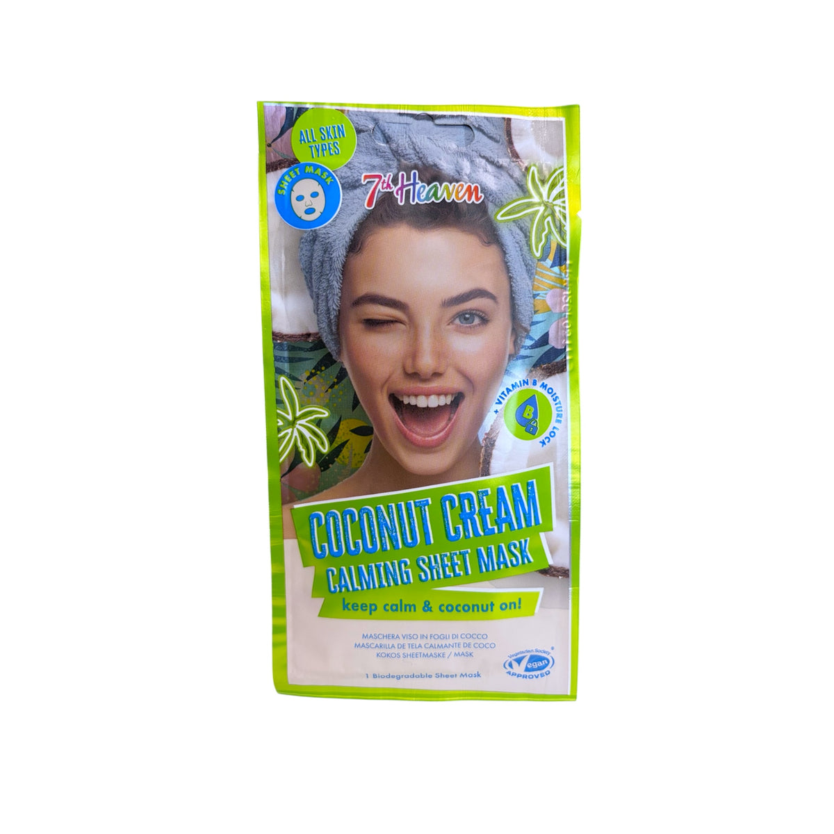 Mascarilla facial de tejido calmante 7th Heaven Coconut Cream con coco y vitamina B para todo tipo de pieles.