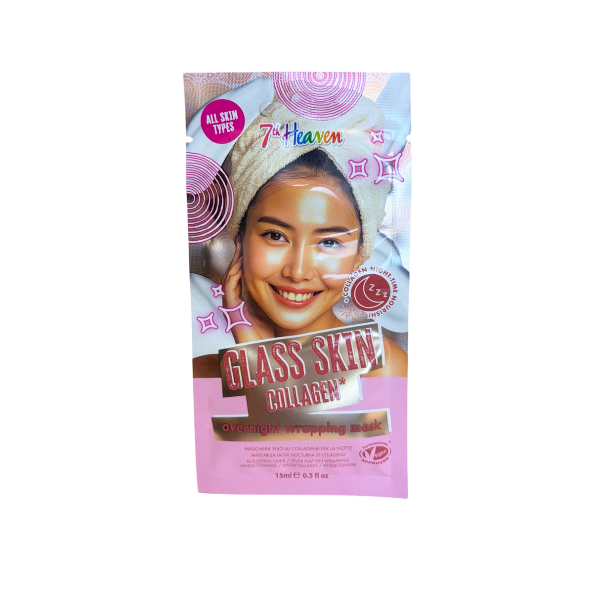 Mascarilla facial nocturna 7th Heaven Glass Skin Collagen de 15 ml con colágeno para hidratar y aportar luminosidad al rostro.