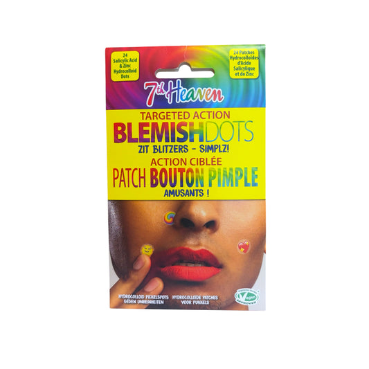 Parches para granos 7th Heaven Blemish Dots con ácido salicílico, zinc e hidrocoloide, envase de 24 parches decorativos con emojis.